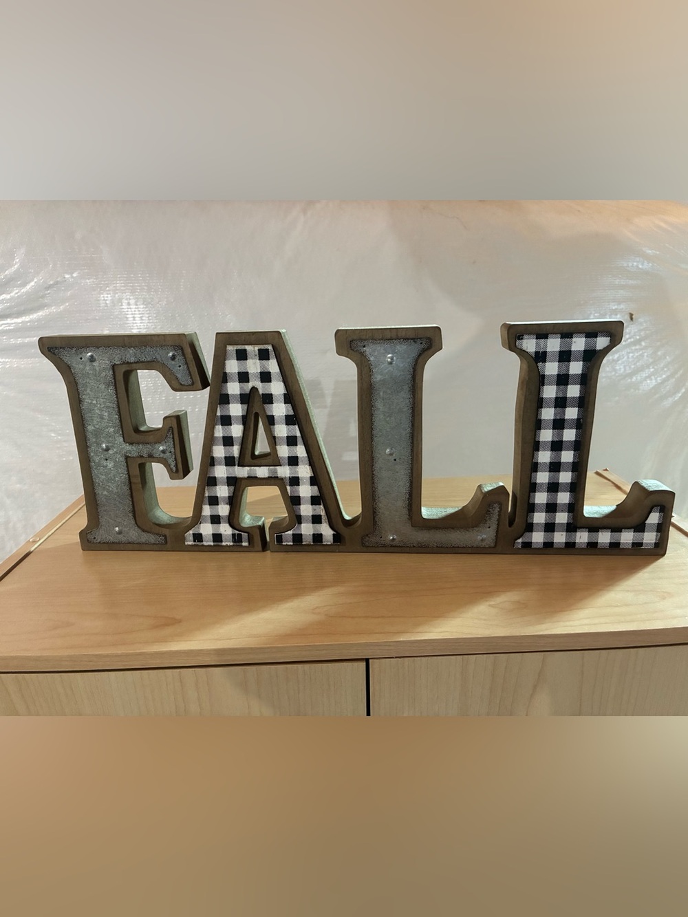 “FALL” Black/White Plaid & Galvanized Decorative Connected Letters